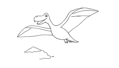 Placa de color de un pterodáctilo amigable sonriendo mientras vuela sobre una nube.