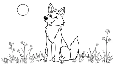 Un lobo sonriente sentado en un campo de hierba y flores, listo para ser coloreado, con un círculo en la parte superior que podría ser el sol o la luna. Un diseño de placa de color para niños.