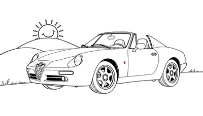 Un coche deportivo clásico en blanco y negro, listo para colorear, con un sol sonriente al fondo y colinas suaves. La placa de color está lista para ser añadida.