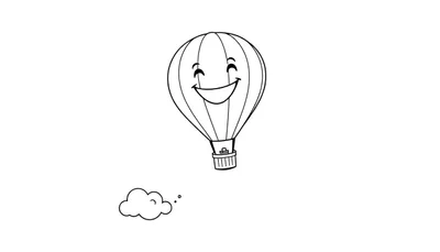 Placa de color de un globo aerostático amigable sonriendo, flotando sobre una nube.