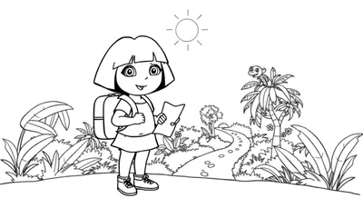 Placa de color de Dora la Exploradora con mochila y mapa en la selva.