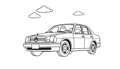 Un dibujo lineal de un coche Mercedes-Benz clásico para colorear con nubes de dibujos animados, listo para la placa de color.