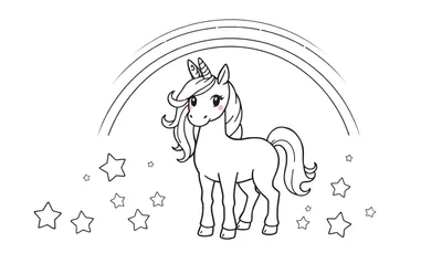 Placa de color de un unicornio de dibujos animados con arcoíris y estrellas.