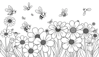 Placa de color de abejas felices revoloteando sobre flores, un dibujo lineal en blanco y negro para colorear.