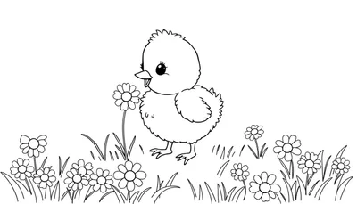 Placa de color de un pollito de caricatura cantando en un prado de margaritas.