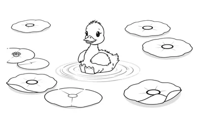 Un patito juguetón listo para la placa de color en un estanque de nenúfares.