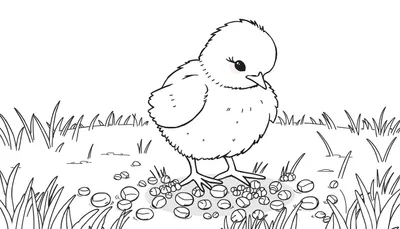 Pollito de dibujos animados blanco y mullido con líneas negras gruesas sobre un fondo blanco, listo para colorear.