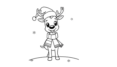 Placa de color de un reno navideño amigable con gorro de Papá Noel y bufanda.