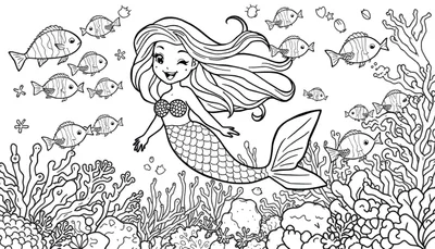 Placa de color de una sirena sonriente con pelo largo y ondulado, un top de conchas y una cola de pez escamada, nadando con peces de colores en un arrecife de coral.