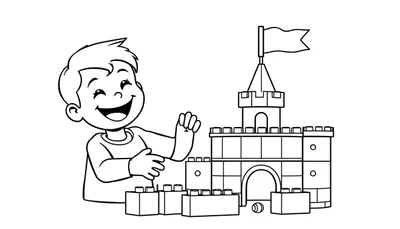 Un niño sonriente construyendo un castillo de bloques de colores, página para colorear, placa de color.