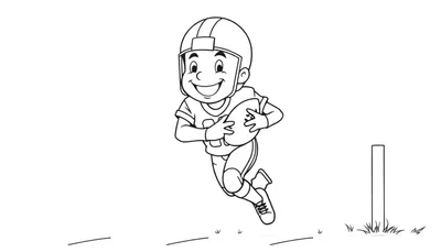 Niño sonriente con uniforme de fútbol americano corriendo con un balón, página para colorear de placa de color.