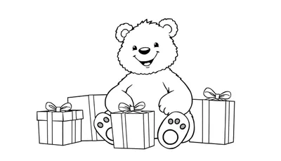 Placa de color de un oso de peluche feliz con regalos.