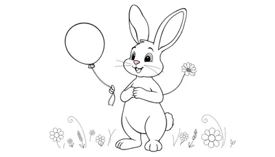 Placa de color de un conejito de dibujos animados con un globo y una flor.