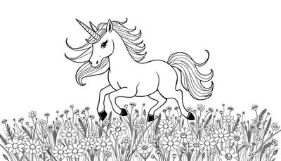 Placa de unicornio blanco y negro corriendo entre flores.
