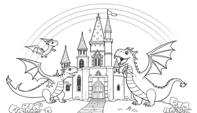 Placa de color: Castillo mágico con tres dragones amigables y un arcoíris.