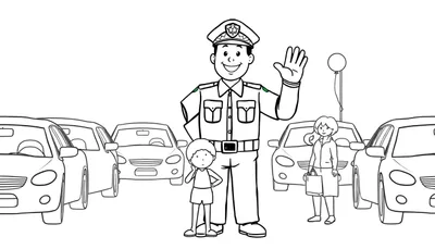 Dibujo de un policía sonriente con su placa de color brillando, dirigiendo el tráfico, junto a un niño y una mujer con un globo.