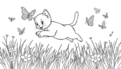 Placa de color: Gato de dibujos animados saltando en un prado con mariposas.