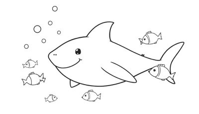 Un tiburón amigable de dibujos animados con ojos grandes y una sonrisa nadando en el océano, rodeado de peces pequeños y burbujas. Es un dibujo lineal en blanco y negro, perfecto para una placa de color.