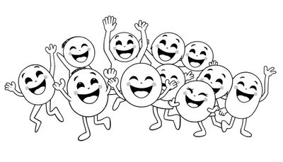 Placa de color de un grupo de alegres personajes de dibujos animados sonriendo.