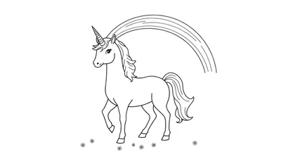 Placa de color de un unicornio mágico con un arcoíris.