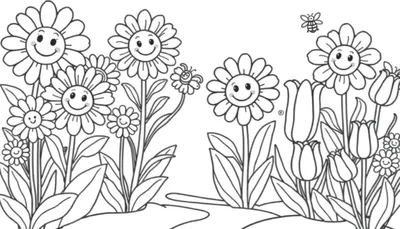 Una placa de color de un jardín de flores sonrientes.