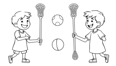 Placa de color de dos niños sonrientes jugando lacrosse con palos y pelotas.