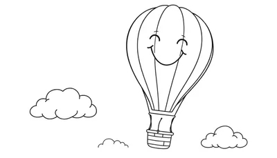 Un dibujo de un globo aerostático sonriente con una cesta, flotando entre nubes, listo para ser coloreado. Placa de color para niños.