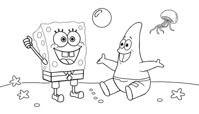 Bob Esponja y Patricio jugando en la playa, una placa de color para colorear.
