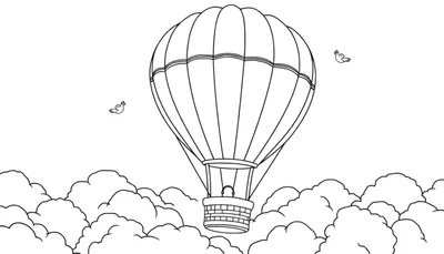 Placa de color de un globo aerostático gigante sobre nubes con pájaros, listo para colorear.