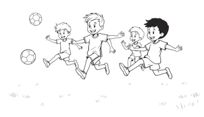 Ilustración en blanco y negro de niños jugando al fútbol, con la placa de color sugerida.