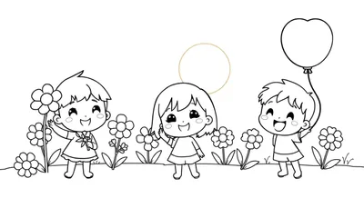 Niños chibi dibujados en blanco y negro, listos para ser coloreados, con flores y un globo en forma de corazón.