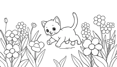 Placa de color de un gatito juguetón entre flores.