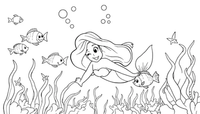Página para colorear de la placa: Ariel sonriendo y guiñando un ojo mientras nada entre peces y algas marinas.