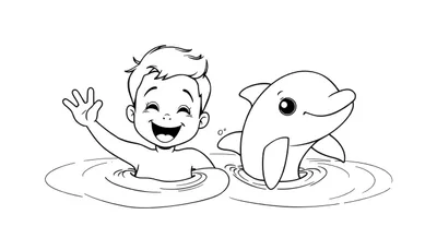 Una placa de color de un niño riendo y saludando a un delfín sonriente nadando juntos en el agua.