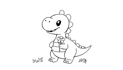 Placa de color de un dinosaurio bebé sonriente sosteniendo una flor.