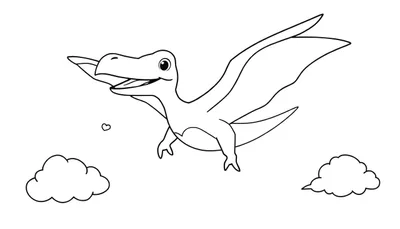 Pterodáctilo sonriente volando con alas abiertas, página para colorear, placa de color.