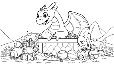 Placa para colorear de Smaug el dragón rodeado de juguetes.