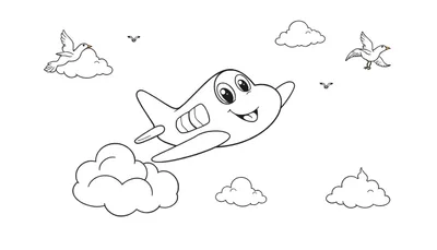 Placa de color de un avión sonriente volando con pájaros y nubes.