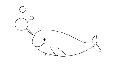 Una linda ballena blanca sonriente haciendo burbujas, lista para colorear en una placa de color.