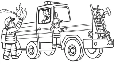 Un dibujo lineal para colorear de un camión de bomberos con bomberos trabajando. La placa de color está esperando a que los niños la llenen de vida.