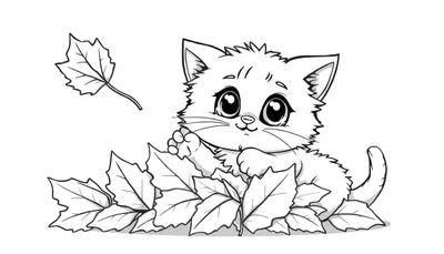 Placa de color de un gatito juguetón entre hojas de otoño.