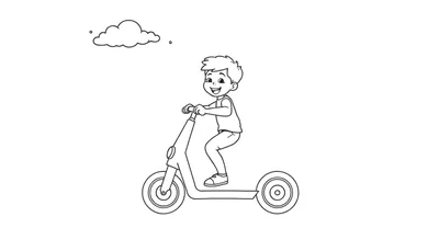 Un niño sonriente en patineta, listo para ser coloreado, con una placa de color.