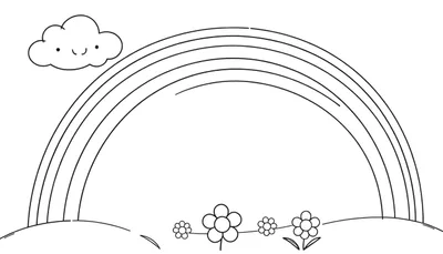 Placa de color: Dibujo lineal de un arco iris feliz y nubes sonrientes con flores, listo para colorear.
