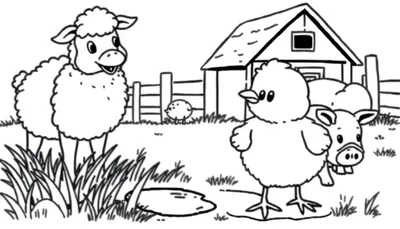 Placa de color de un pollito juguetón con una oveja y un cerdito en una granja.