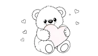 Un adorable osito de peluche blanco sosteniendo un corazón rosa pálido rodeado de pequeños corazones negros, placa para colorear.