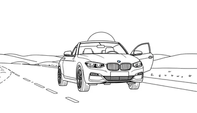 Un coche BMW convertible blanco y negro listo para pintar con la puerta abierta, sobre una carretera con líneas discontinuas y un sol circular en el fondo.