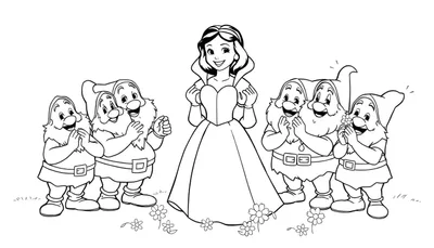 Blancanieves y los siete enanitos sonriendo en una placa de color.