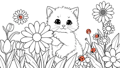 Una placa para colorear de un gatito explorando un jardín lleno de flores.