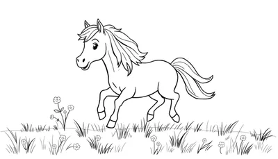 Caballo de caricatura corriendo en un prado para colorear, un dibujo de placa de color.