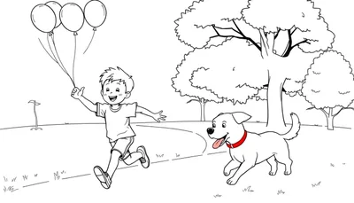Placa de color: niño sonriente corriendo con globos y perro en un parque.